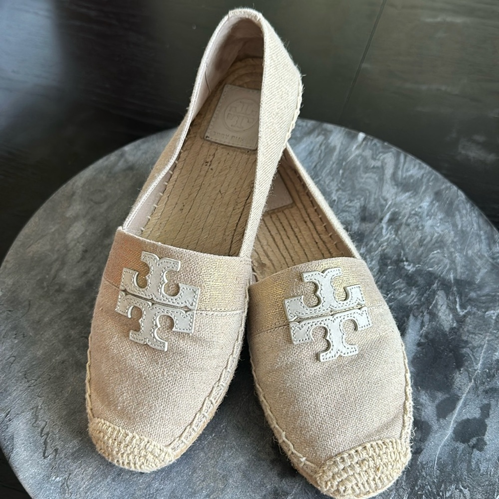 Tory Burch, sz 8, Weston Flat Espadrille, Metallic Linen, calf leather